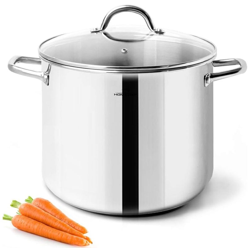 HOMICHEF 10 Quart Stock Pot With Glass Lid - Nickel Free Stainless Steel 10 Qt Pots With Handle - Mirror Polished StockPot 10 Quart - Induction Cooking Pots With Lid - Healthy Soup Pot - Image 1